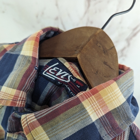 Vintage Levis Shirt Mens Small Blue Orange Plaid Pearl Snap 80s Workwear Cowboy - Picture 2 of 15